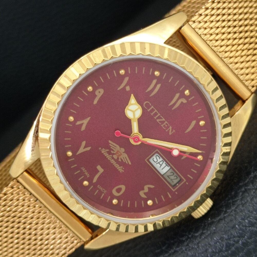 Vintage 1985 Citizen Automatic Mens Gold Watch W/daydate & Red accents
